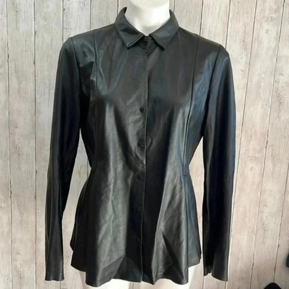 Ecru genuine lamb leather black button down shirt size L - Picture 1 of 8